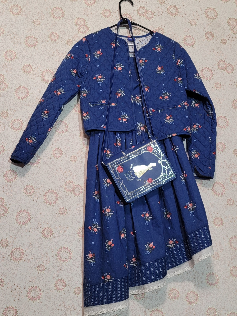 Disney Blue Quilted Jacket with Small Floral Lining and Matching Bag